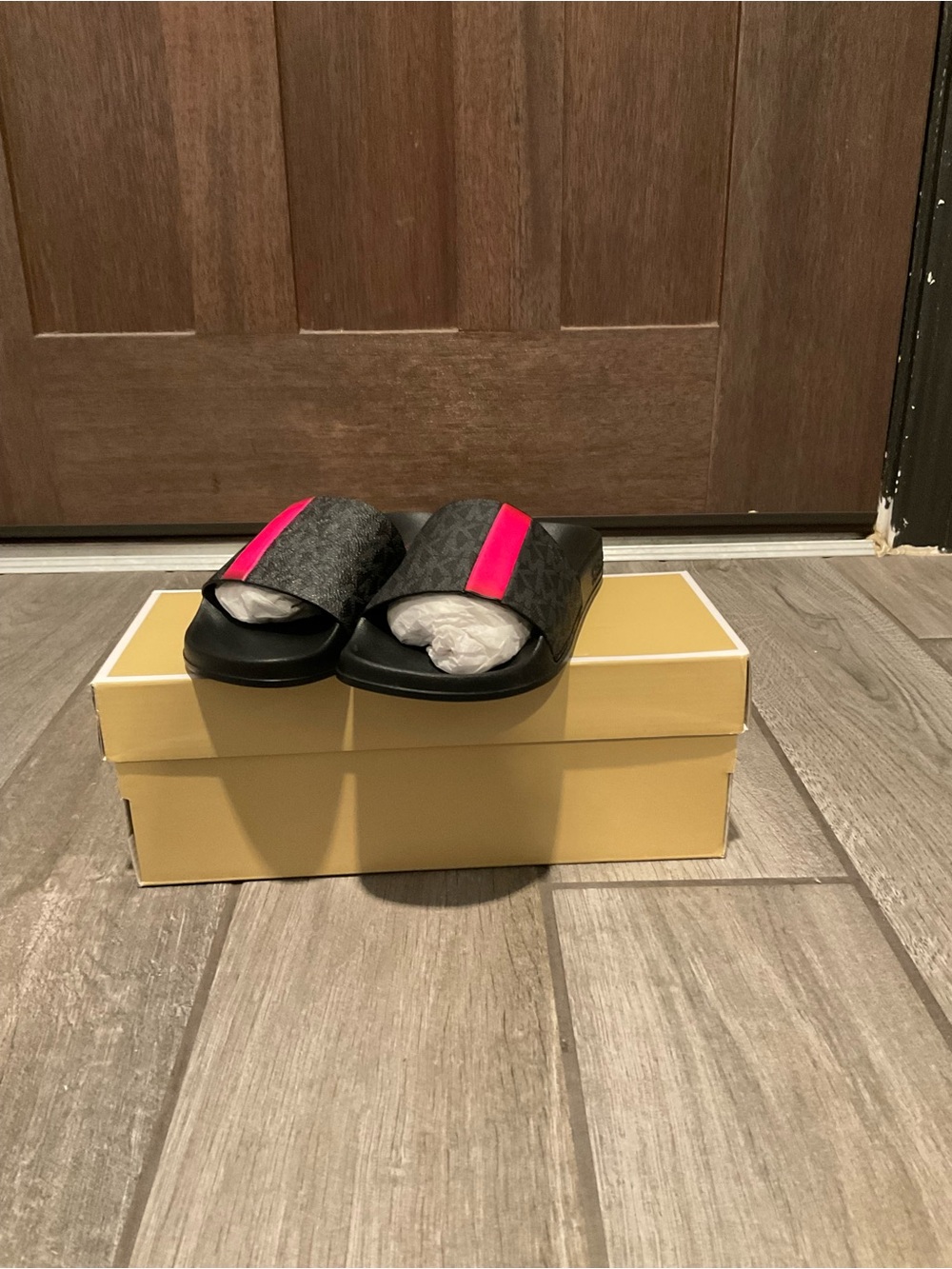 Monogram Slide Sandals with Pink Accent
